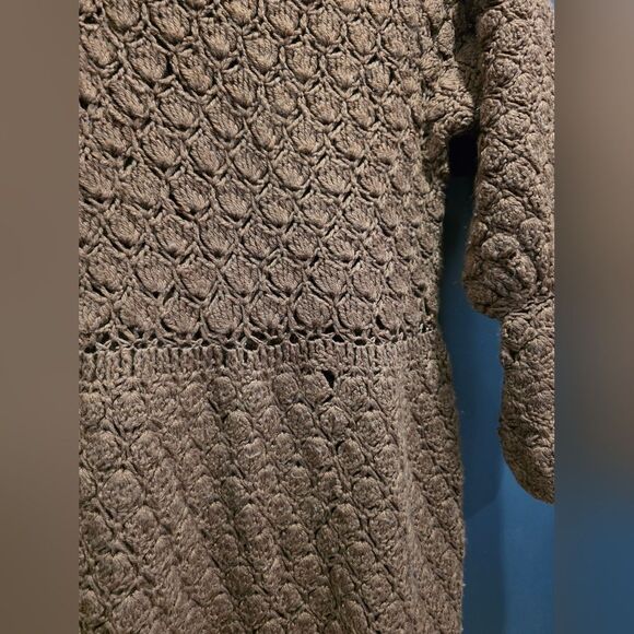 Chocolate Brown Crochet Balloon Sleeve Scallop Fan Design Drop Waist Maxi Dress - Picture 7 of 13